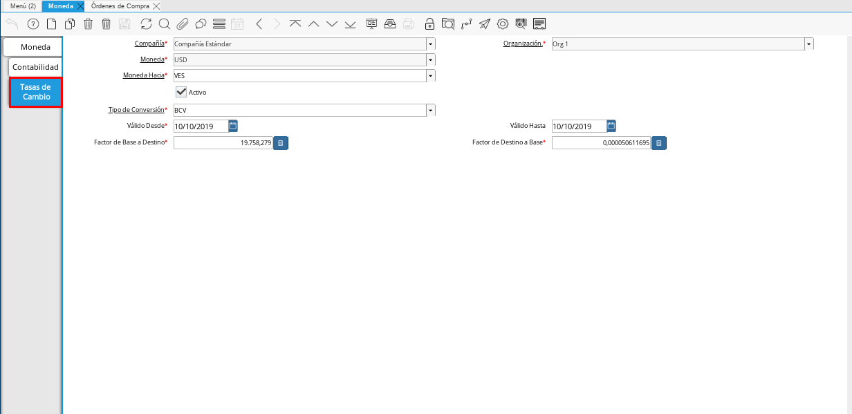 Pestaña Tasas de Cambio