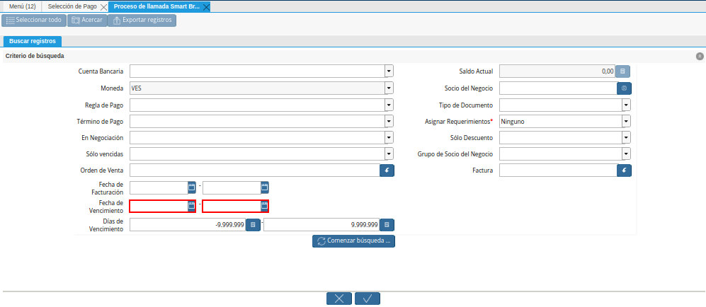 Campo Fecha de Vencimiento de la Ventana de Búsqueda Inteligente del Proceso Crear Desde Factura