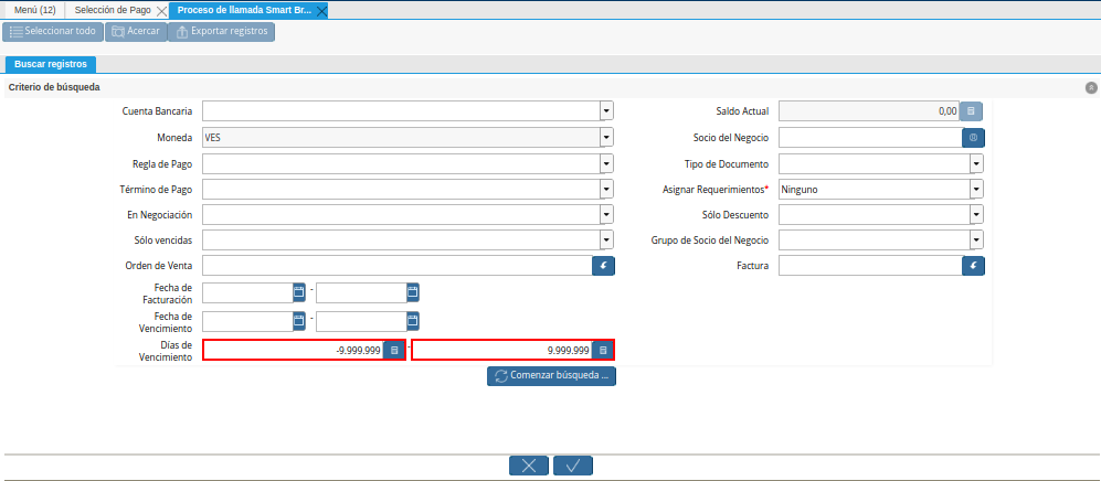 Campo Días de Vencimiento de la Ventana de Búsqueda Inteligente del Proceso Crear Desde Factura