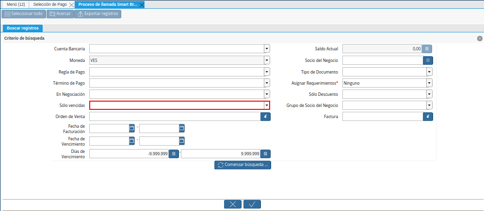 Campo Sólo Vencidas de la Ventana de Búsqueda Inteligente del Proceso Crear Desde Factura