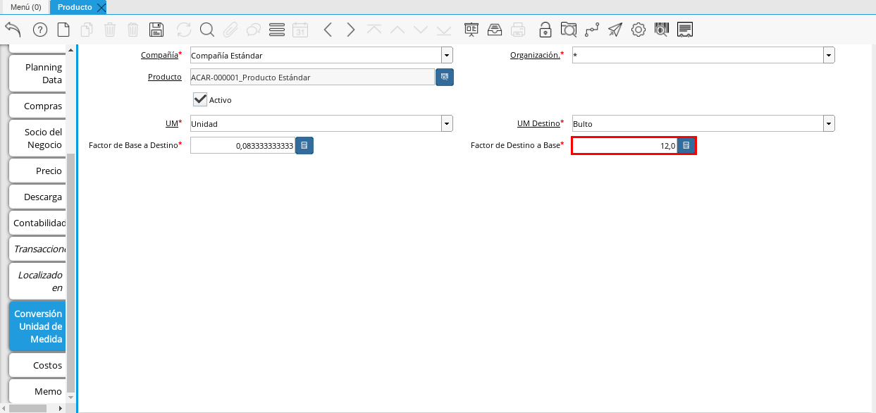 Campo Factor de Destino a Base