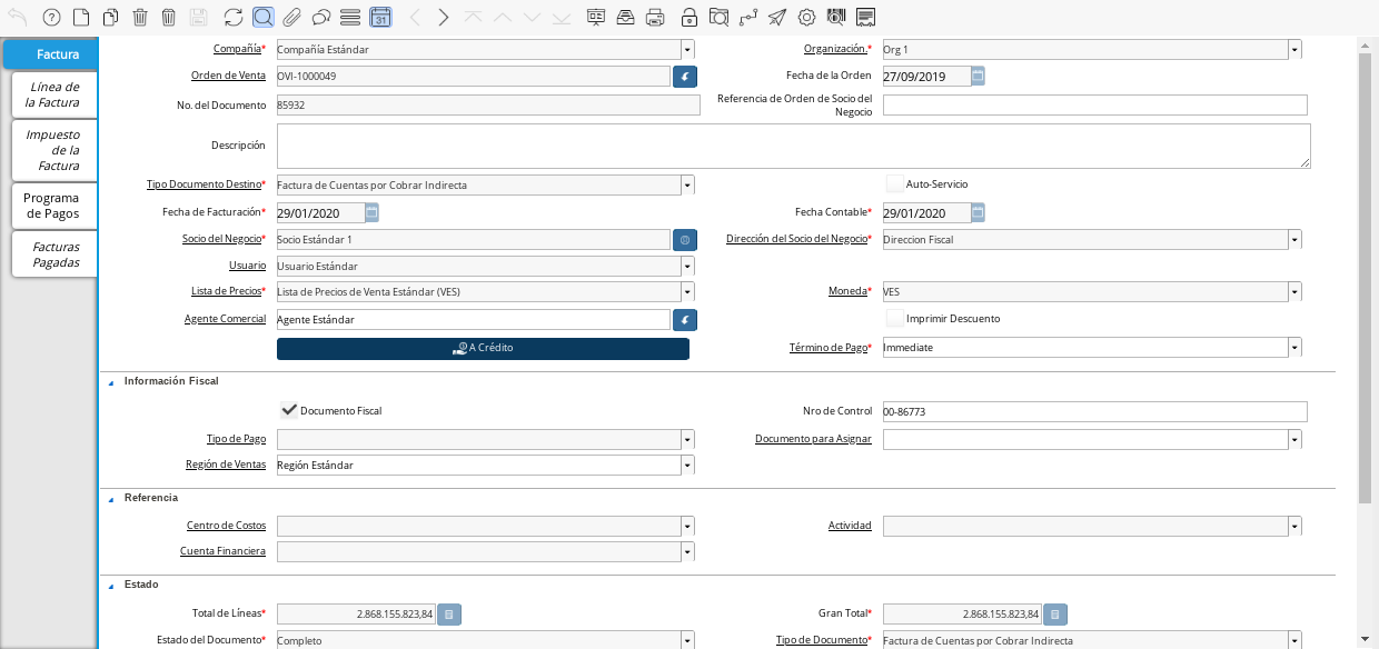 Factura Número 85932 Generada desde la Orden de Salida