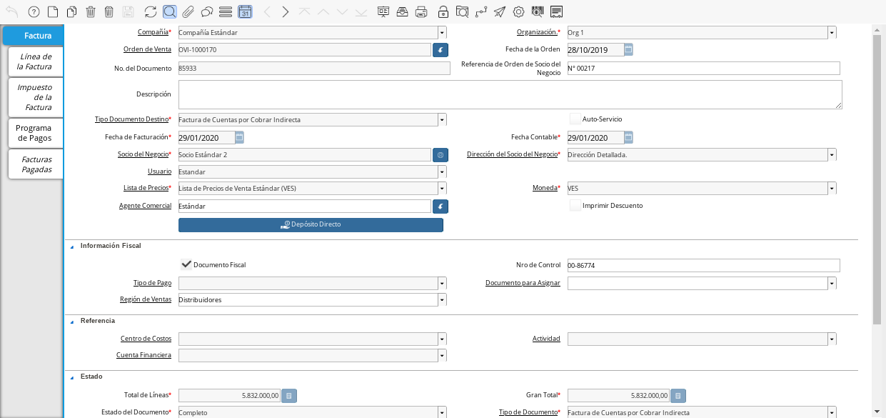 Factura Número 85933 Generada desde la Orden de Salida