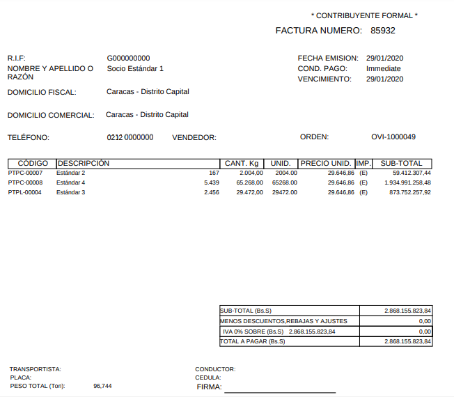 Factura Número 85932 Generada desde la Orden de Salida