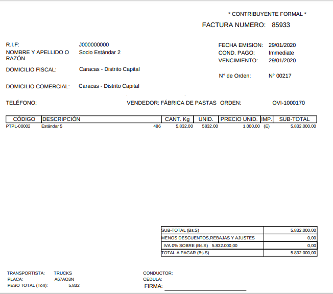 Factura Número 85933 Generada desde la Orden de Salida
