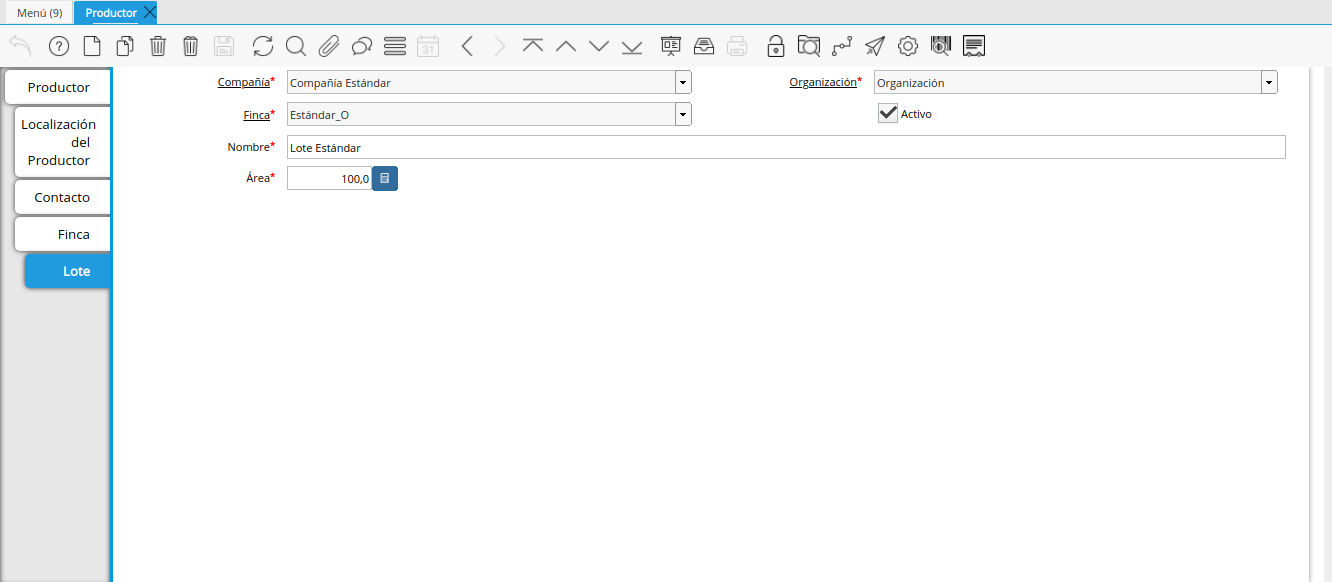 pestaña lote de finca de la ventana productor