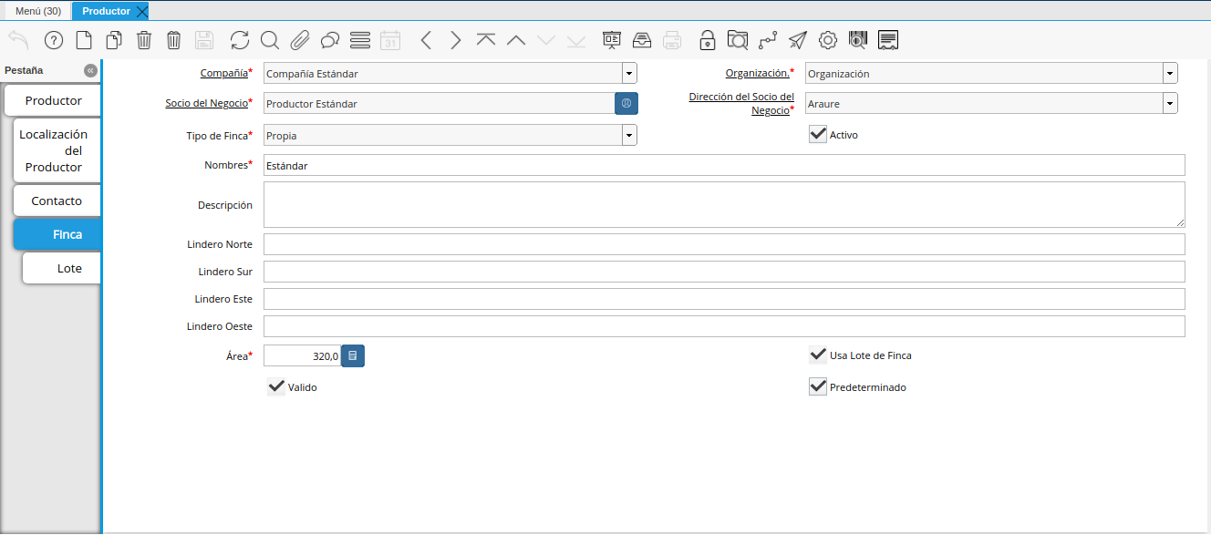 pestaña finca de la ventana productor