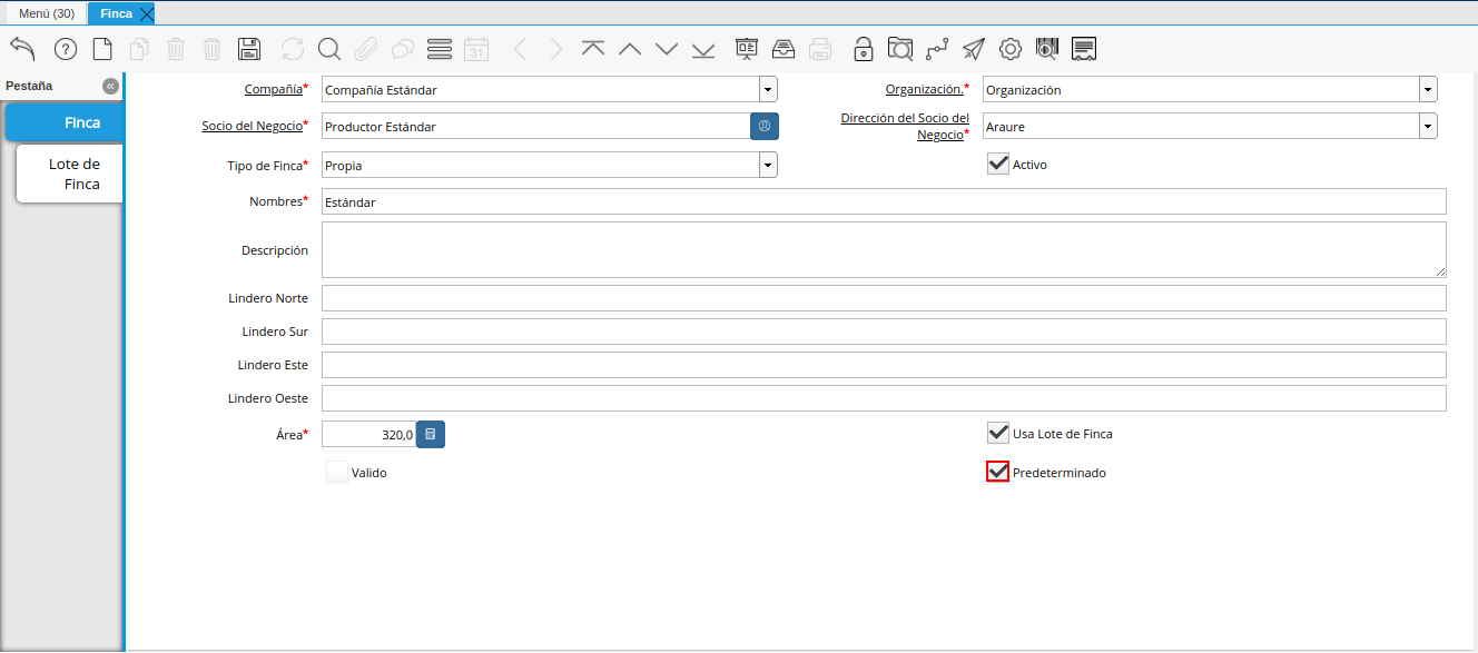 checklist predeterminado de la ventana finca