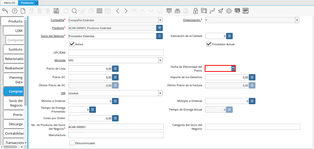 Campo Fecha de Efectividad del Precio