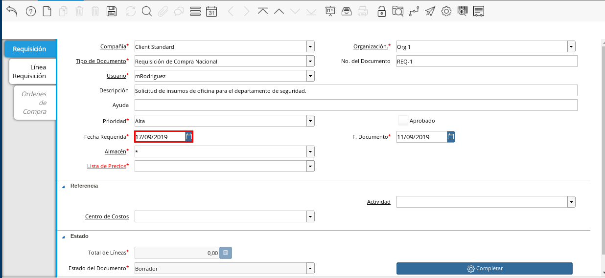Campo Fecha Requerida