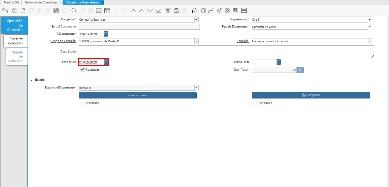 Campo Fecha de Inicio