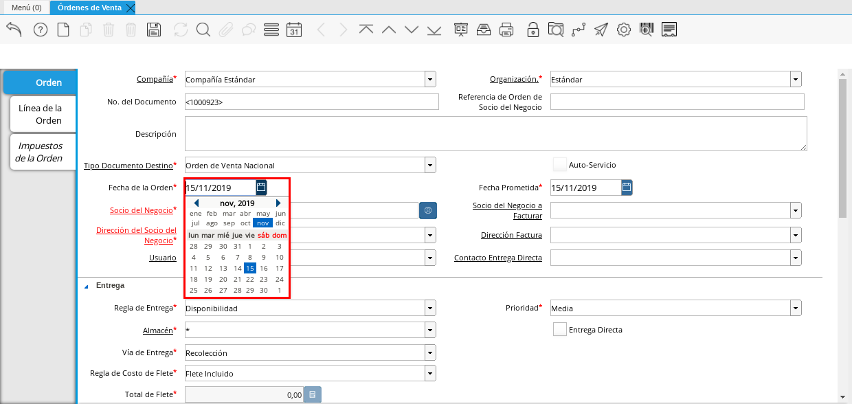 Campo Fecha de la Orden