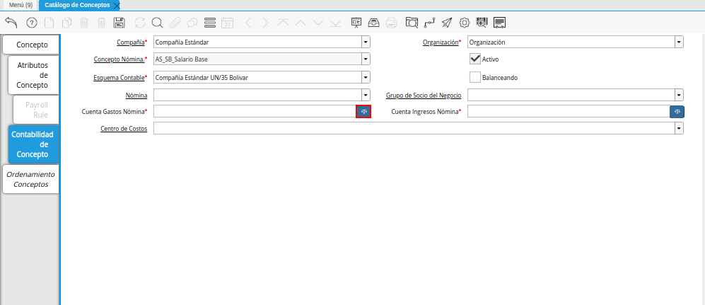 Campo Cuenta Gastos Nómina de la Pestaña Contabilidad de Concepto