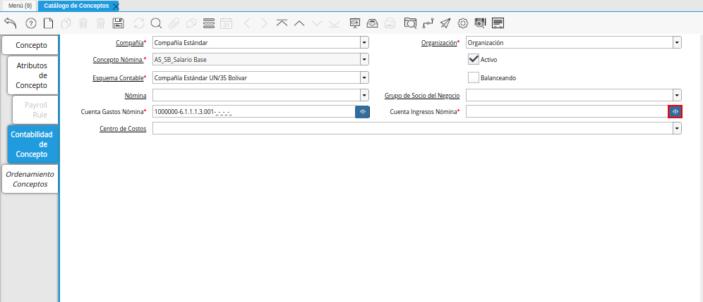 Campo Cuenta Ingresos Nómina de la Pestaña Contabilidad de Concepto