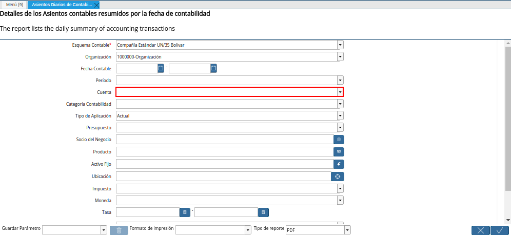 Campo Cuenta de la Ventana Asientos Diarios de Contabilidad