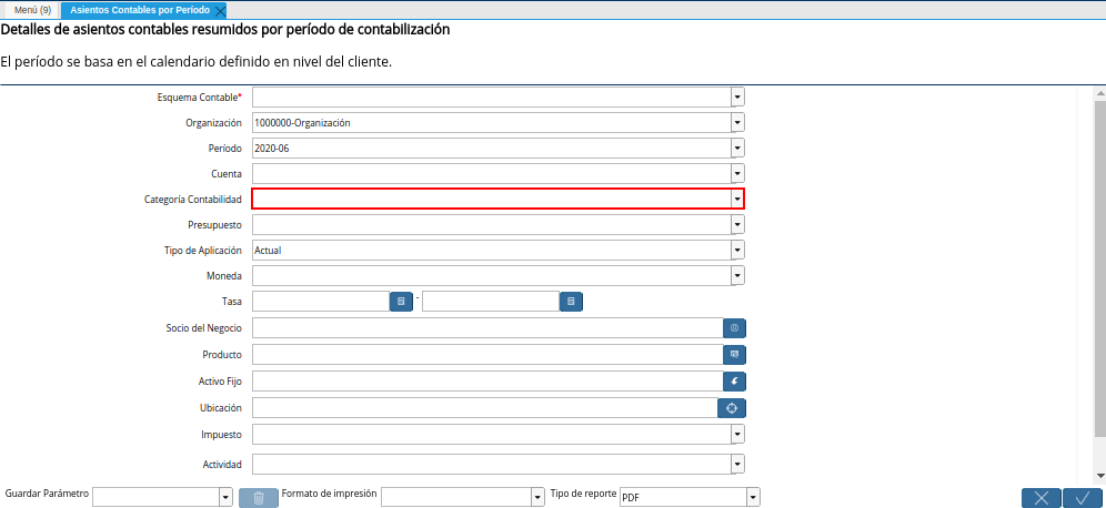 Campo Categoría Contabilidad de la Ventana Asientos Contables por Período