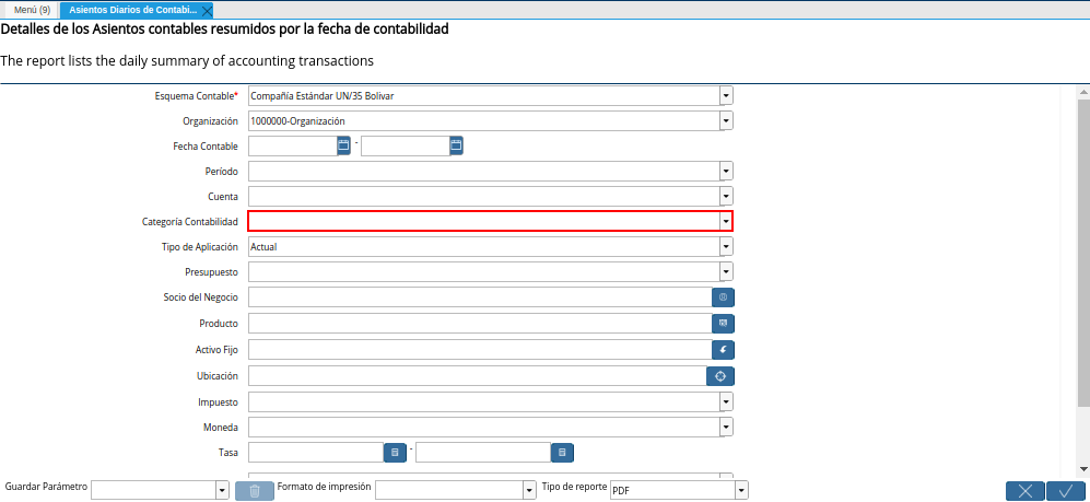 Campo Categoría Contabilidad de la Ventana Asientos Diarios de Contabilidad