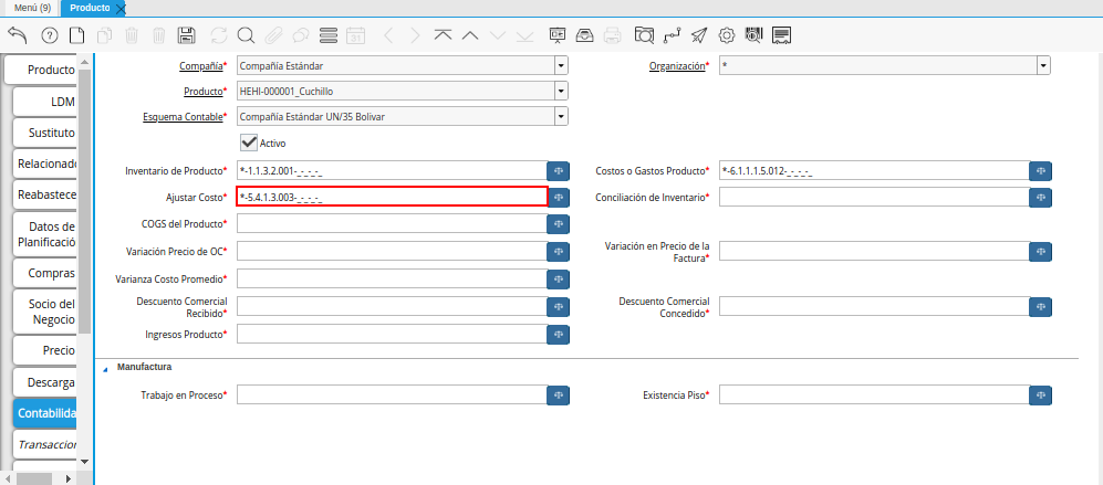 Combinación Contable del Campo Ajustar Costo
