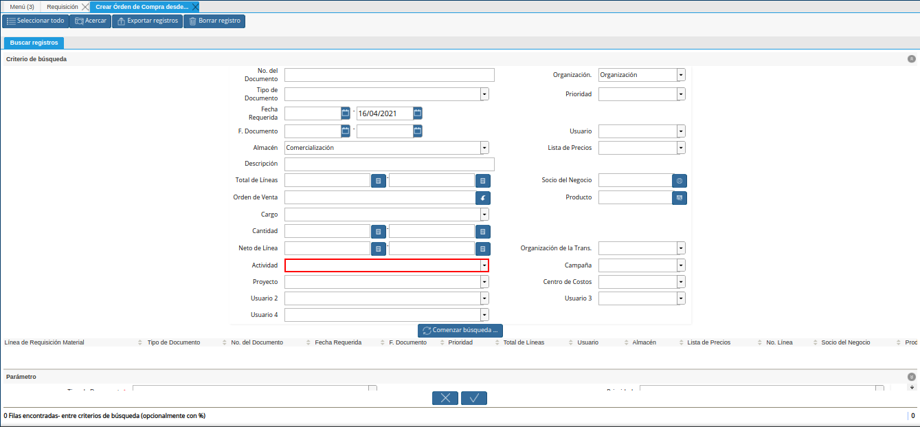 campo actividad de la requisición