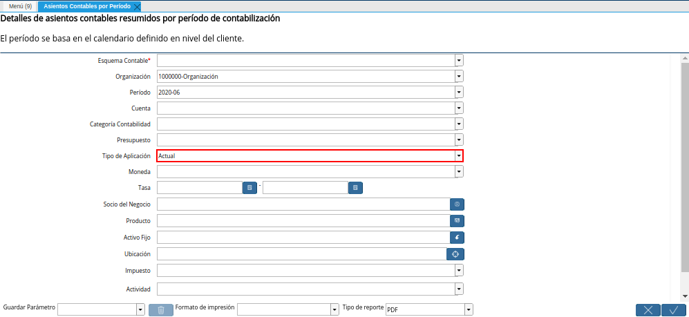 Campo Tipo de Aplicación de la Ventana Asientos Contables por Período