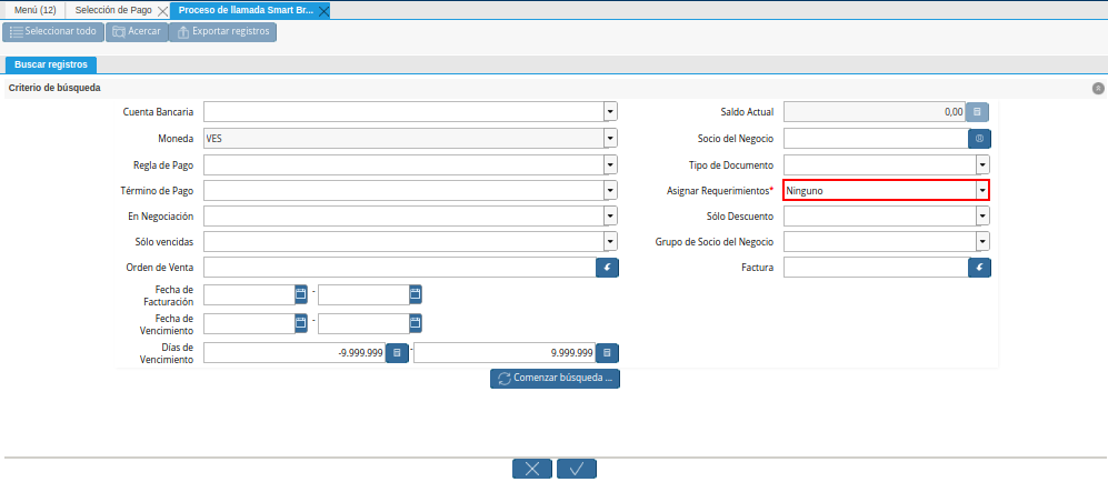 Campo Asignar Requerimientos de la Ventana de Búsqueda Inteligente del Proceso Crear Desde Factura