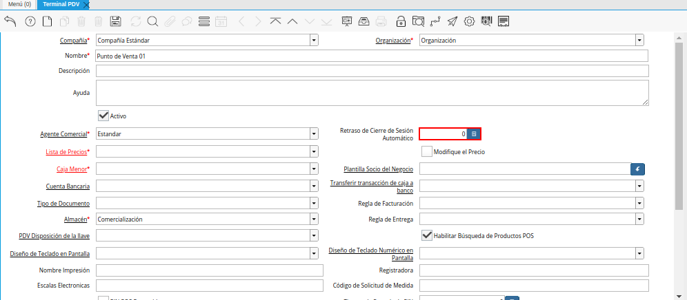 Campo Retraso de Cierre de Sesión Automático de la Ventana Terminal PDV