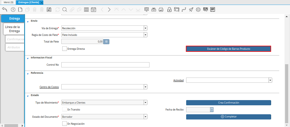 Campo Escáner de Código de Barras Producto de la Ventana Entregas Cliente