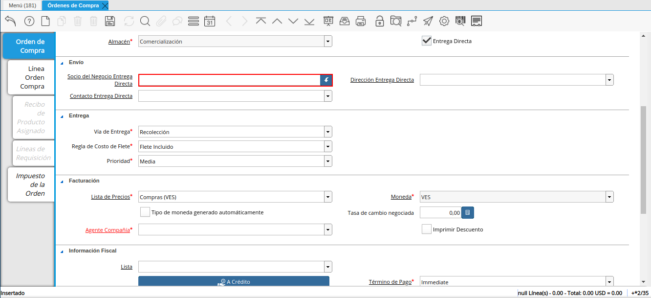 campo socio del negocio entrega directa orden multimoneda
