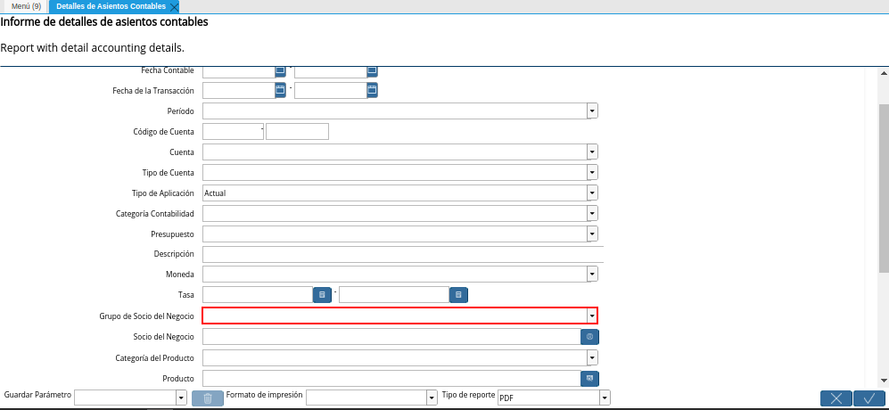 Campo Grupo de Socio del Negocio de la Ventana Detalles de Asientos Contables