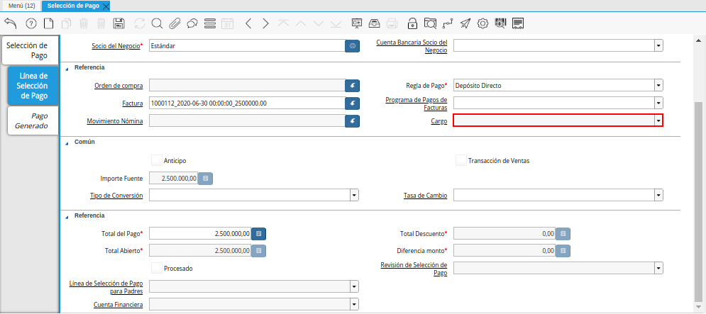 Campo Cargo del Documento Orden de Pago desde Factura