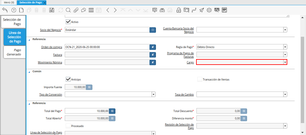Campo Cargo del Documento Orden de Pago desde Orden