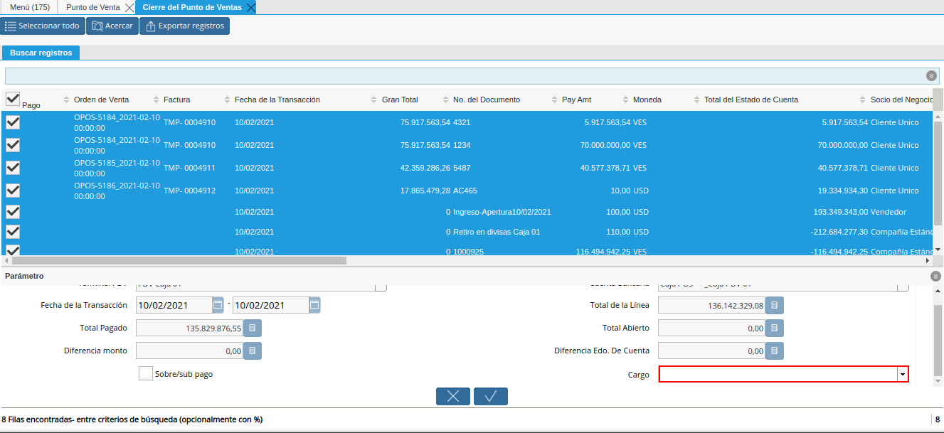 Campo Cargo de la Ventana Cierre de Caja del Punto de Venta