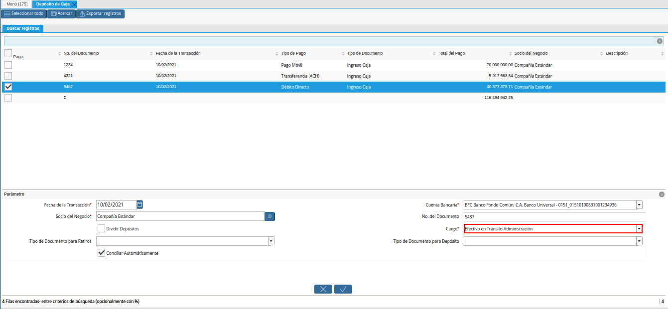 campo cargo de la ventana deposito a caja