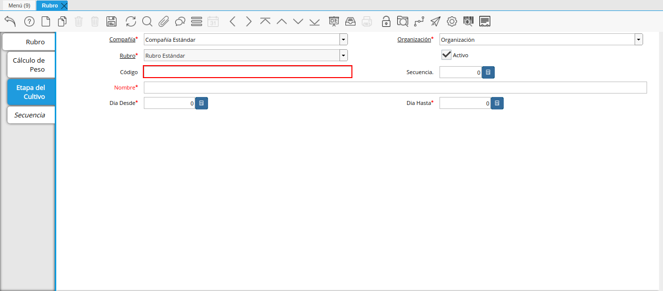 campo código de la pestaña etapa del cultivo