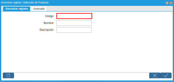 Campo Código de la Ventana Encontrar Registro Selección de Producto