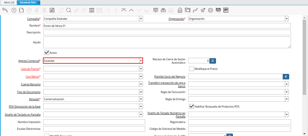 Campo Agente Comercial de la Ventana Terminal PDV