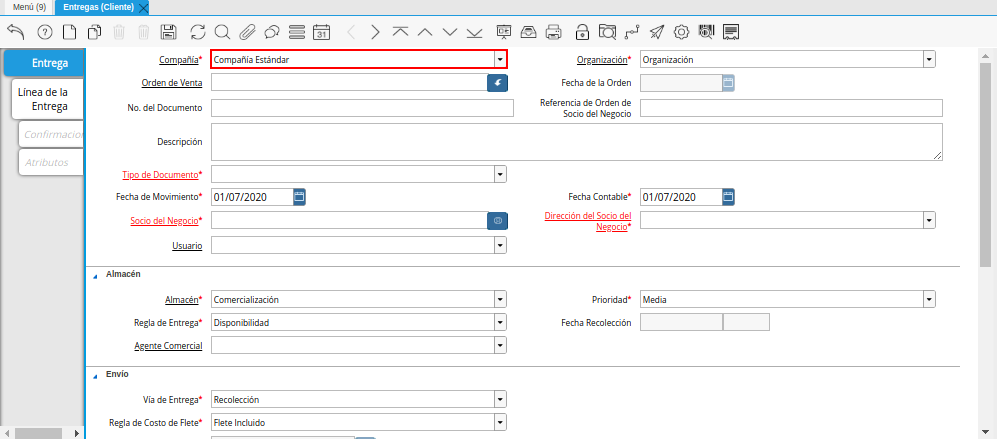 Campo Compañía de la Ventana Entregas Cliente