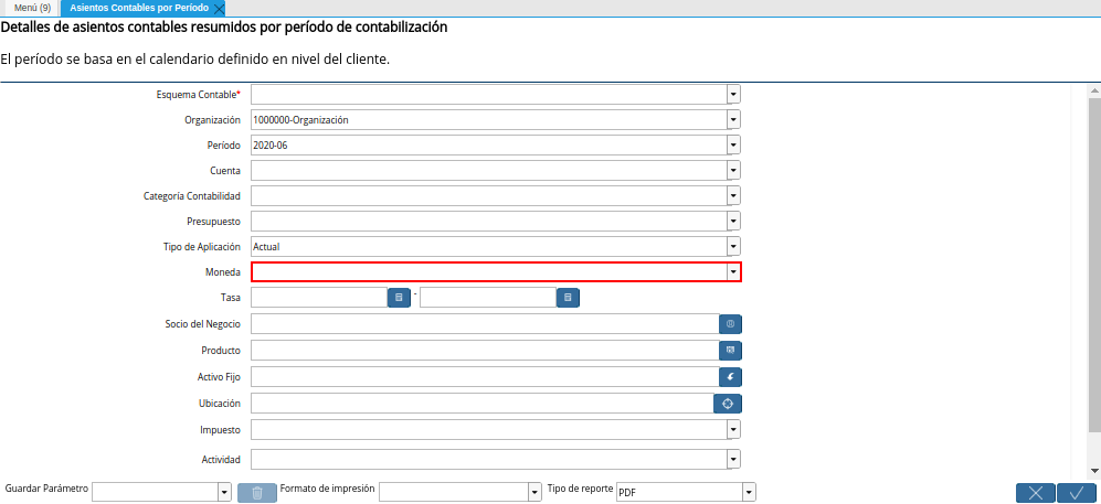 Campo Moneda de la Ventana Asientos Contables por Período