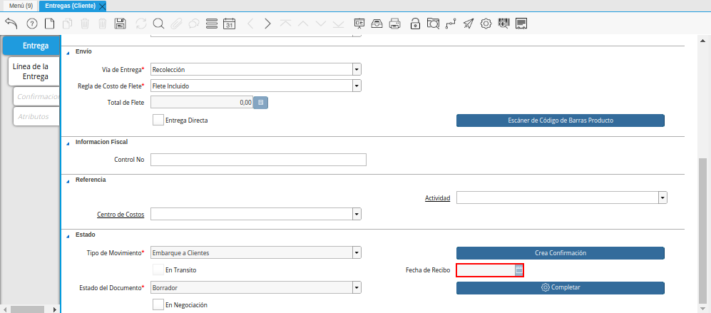 Campo Fecha de Recibo de la Ventana Entregas Cliente