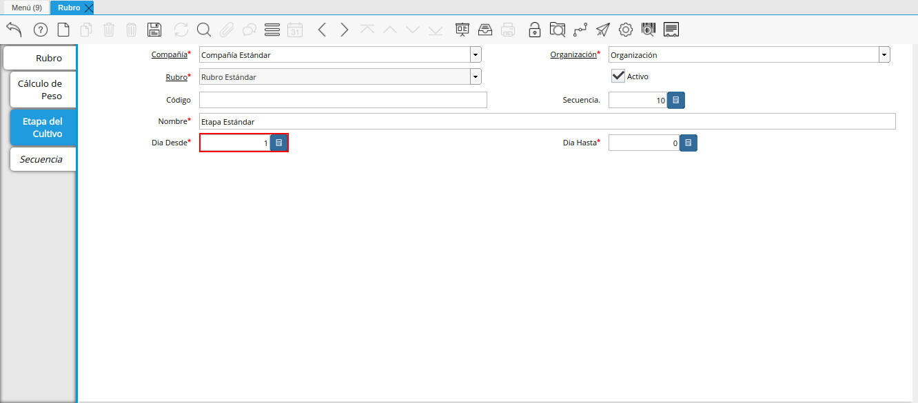 campo dia desde de la pestaña etapa del cultivo
