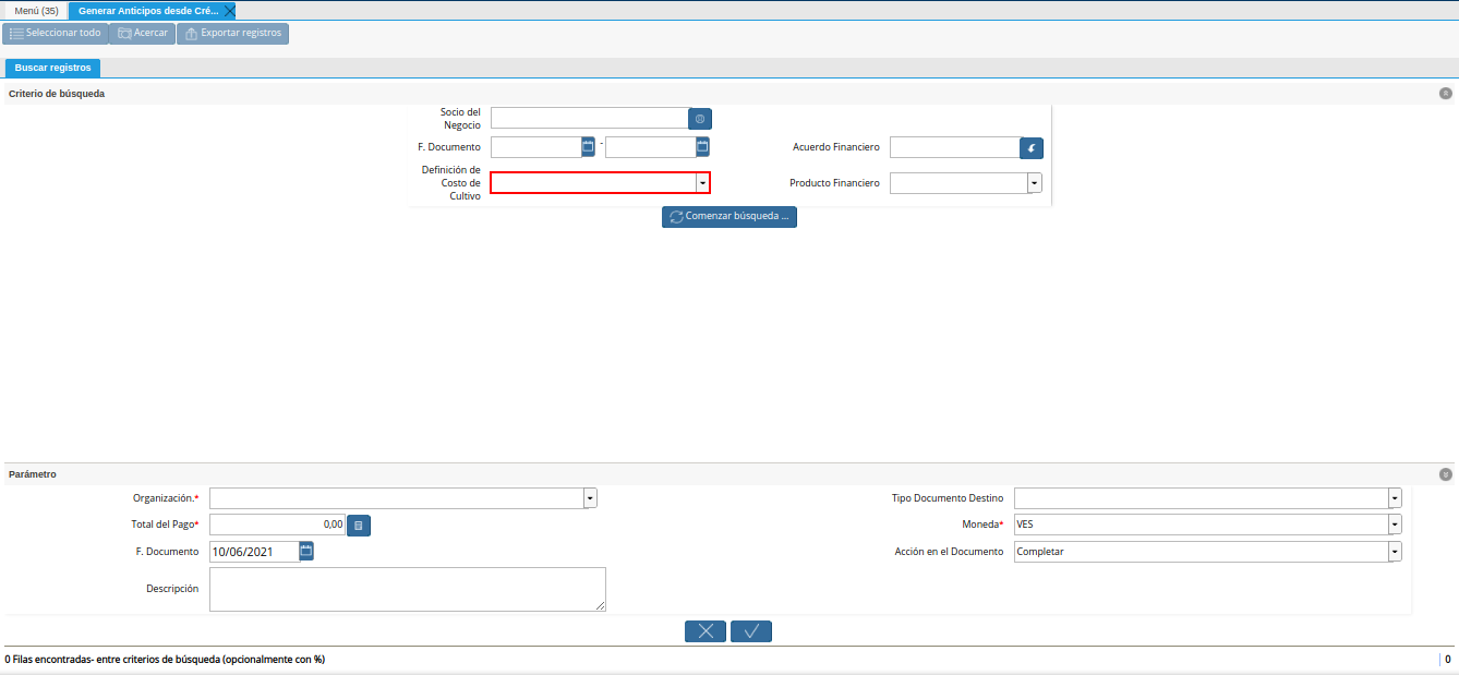campo definición de costo de cultivo del generar anticipos desde crédito al productor