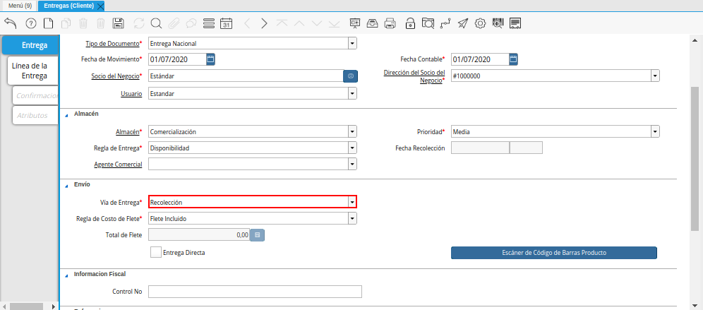 Campo Vía de Entrega de la Ventana Entregas Cliente