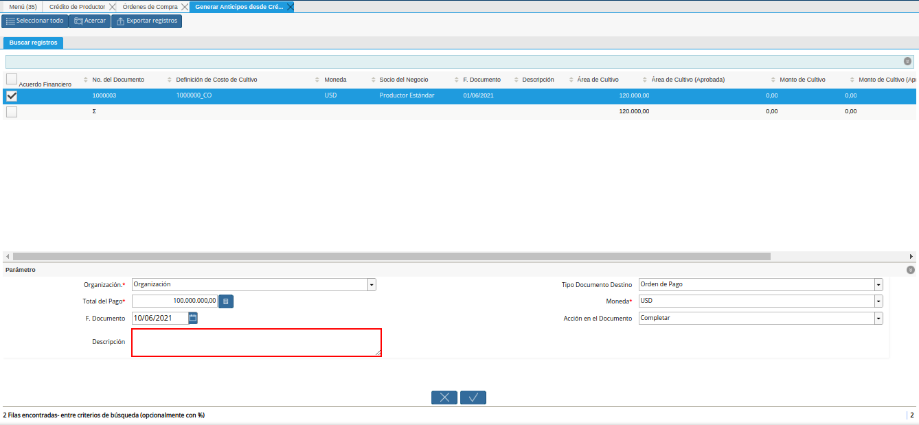 campo descripción del generar anticipos desde crédito al productor