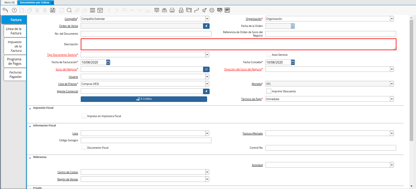 Campo Descripción de la Ventana Documentos por Cobrar