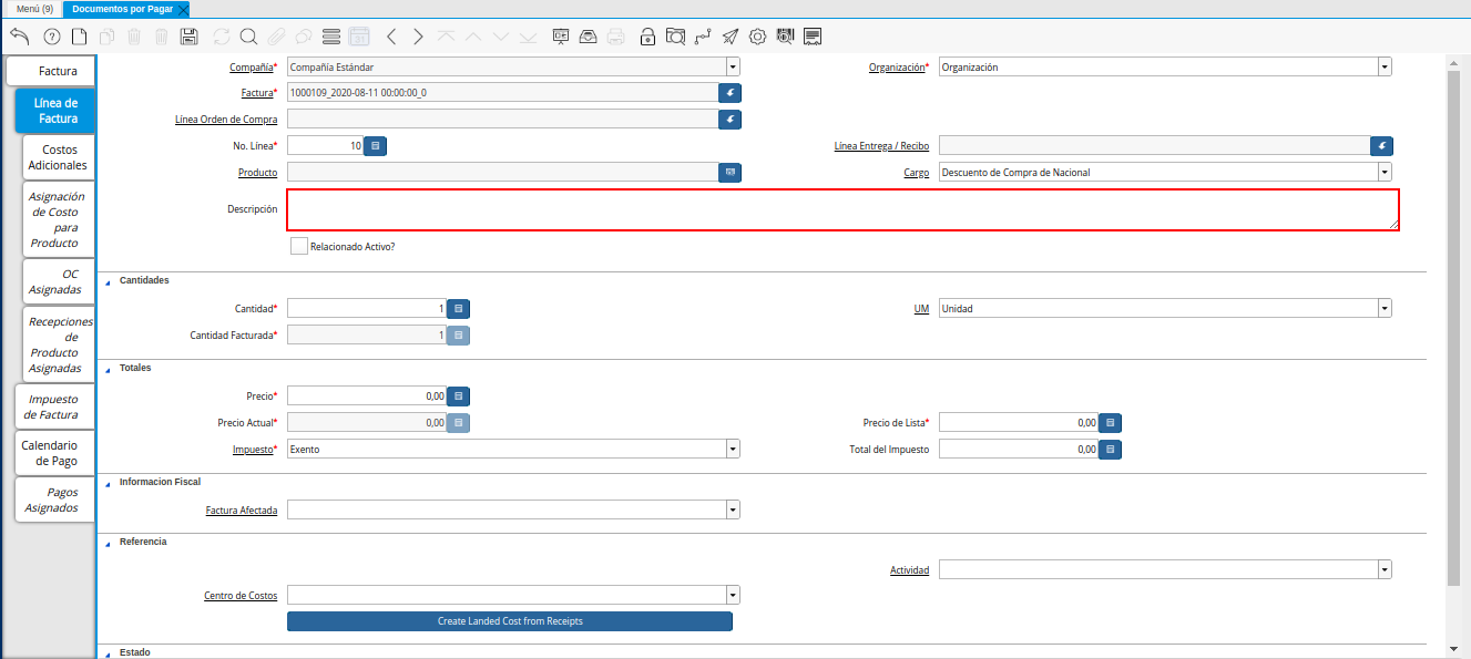 Campo Descripción de la Pestaña Línea de la Factura de la Nota de Crédito de CxP