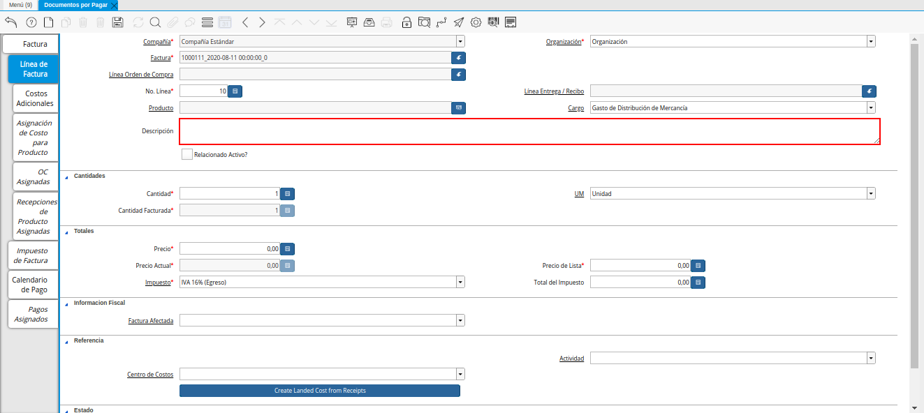 Campo Descripción de la Pestaña Línea de la Factura de la Nota de débito de CxP