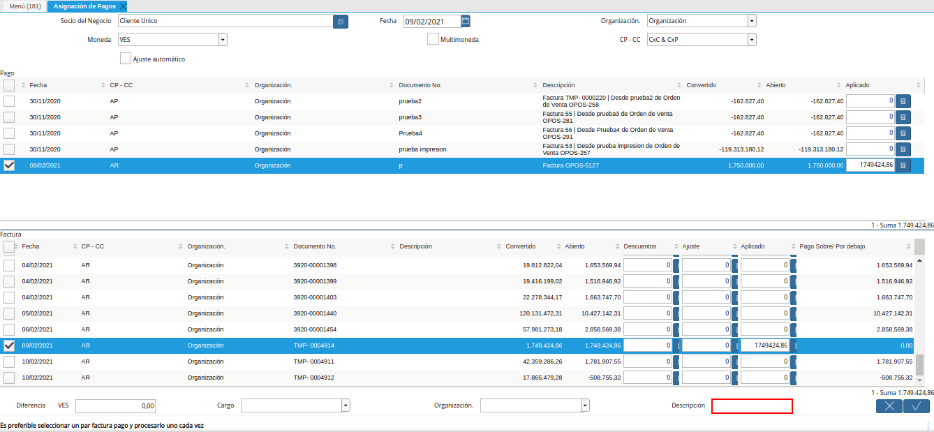 campo descripción de la ventana asignación de pagos