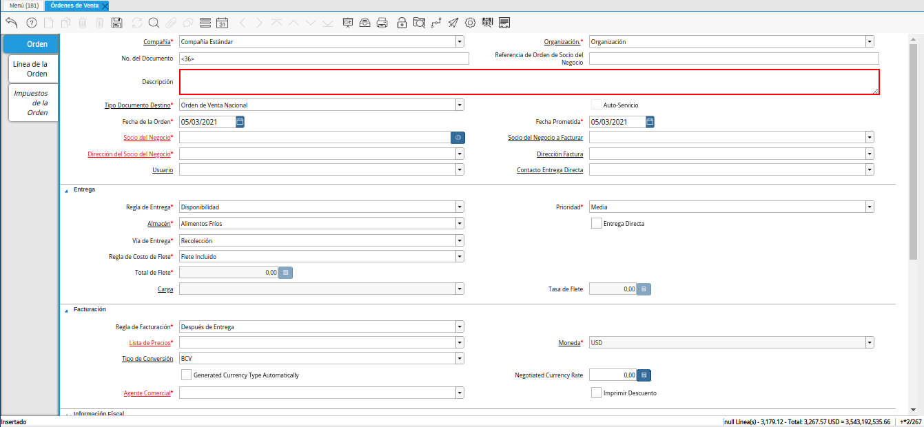 campo descripción de la ventana órdenes de venta