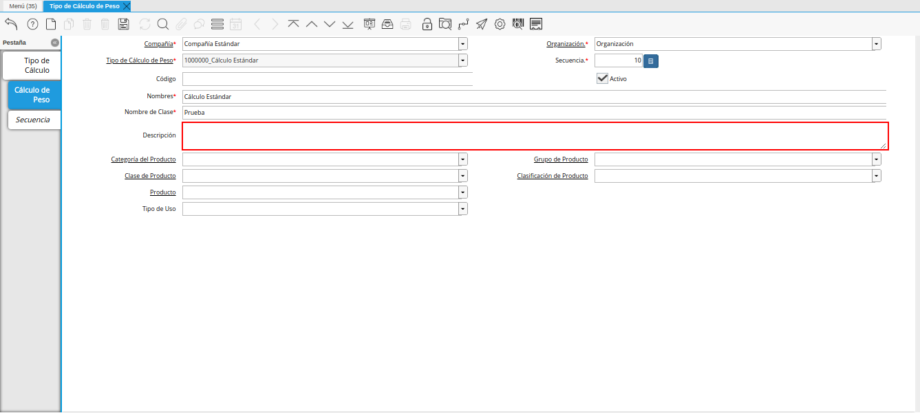 campo descripción de la pestaña cálculo de peso de la ventana tipo de cálculo de peso