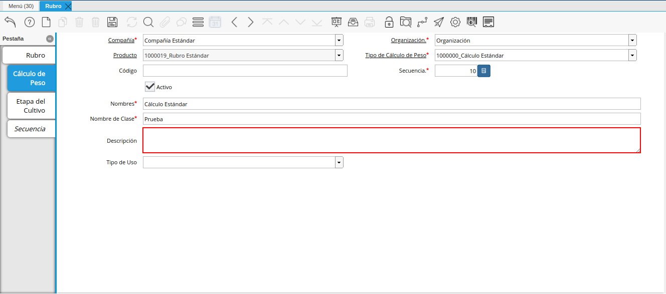 campo descripción de la pestaña cálculo de peso